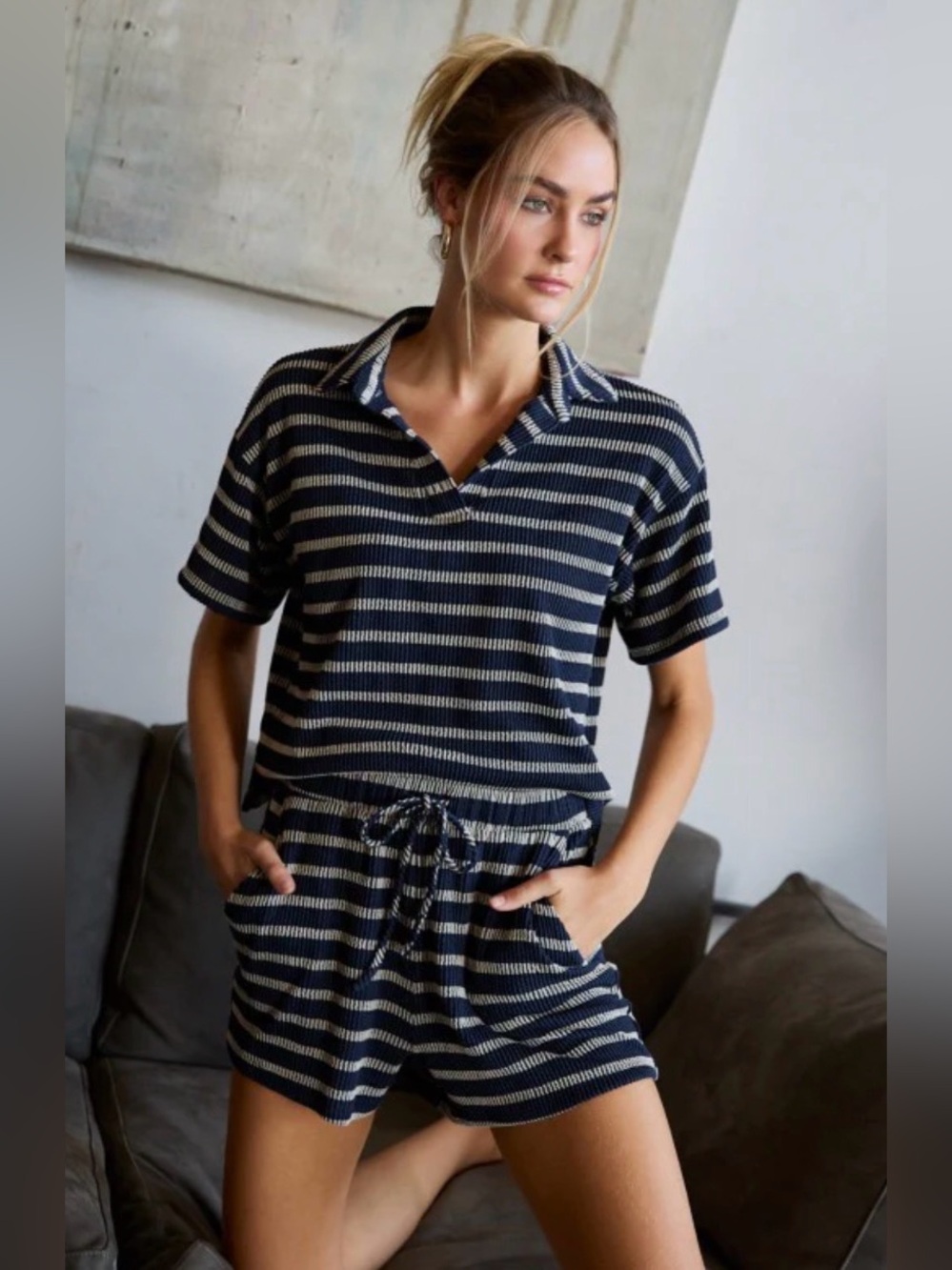 219 Striped Navy and Cream Short  Set